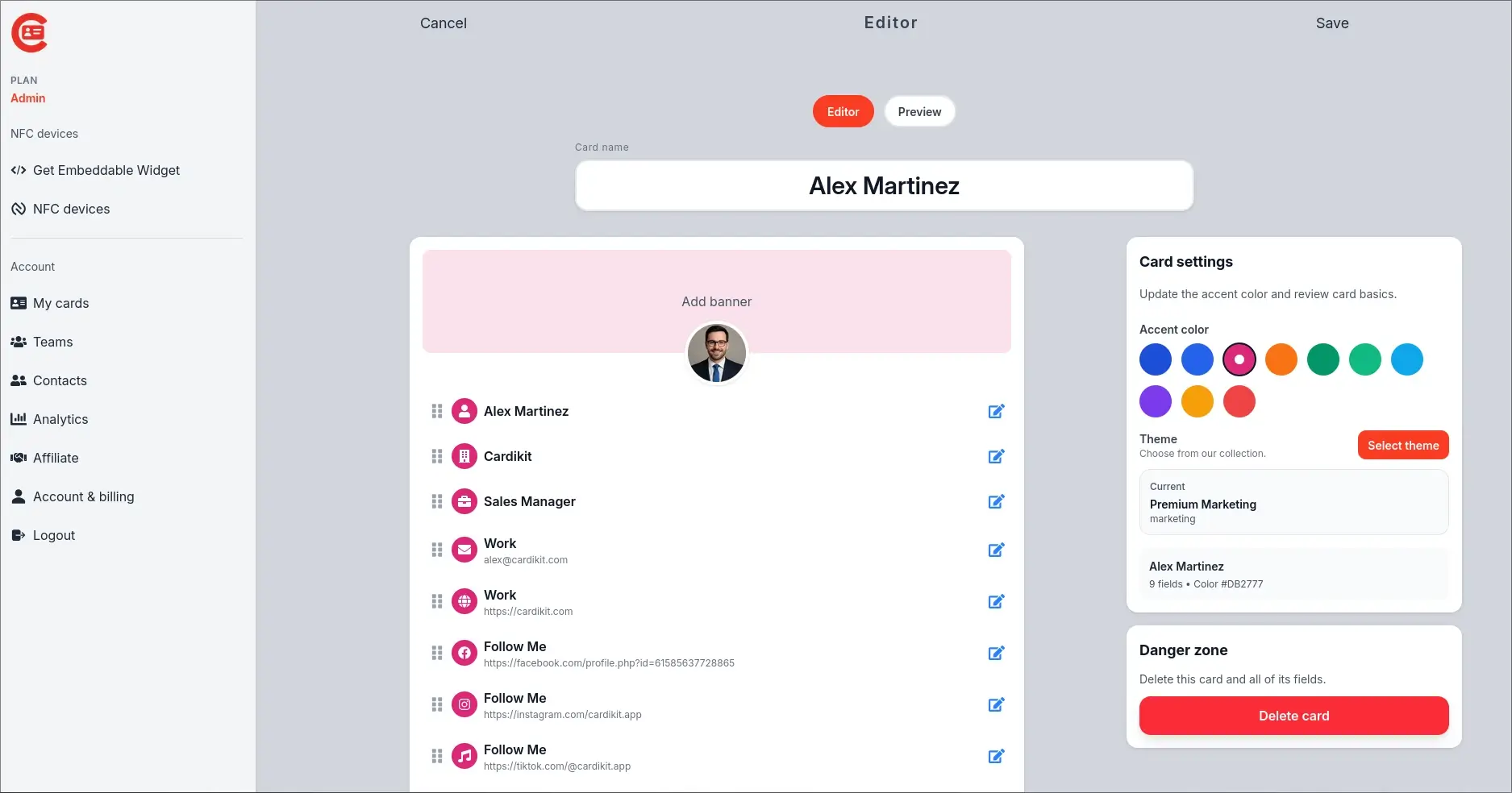 Admin dashboard from managing digital business cards across a sales team.