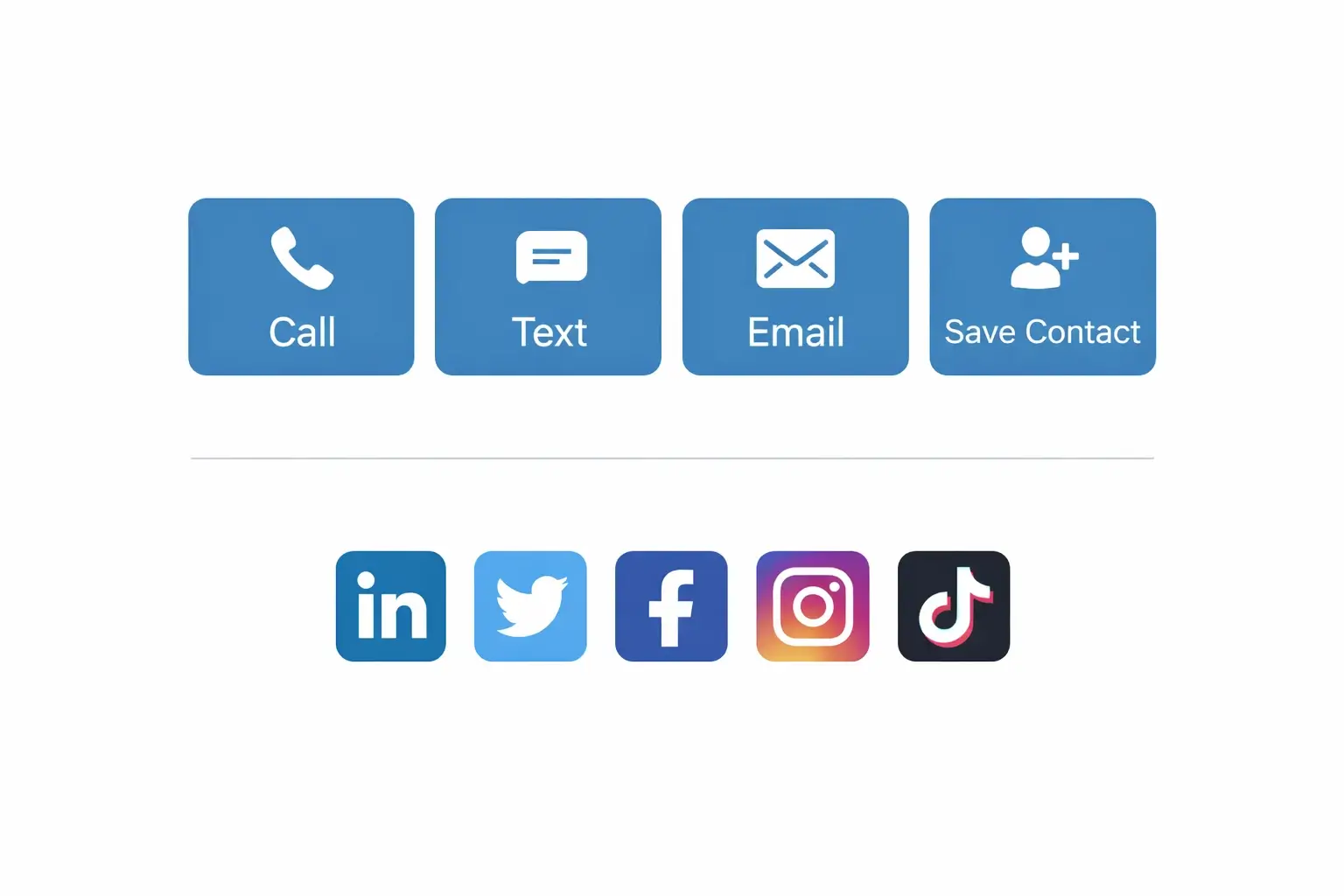 Digital business card profile screen showing contact buttons and social links on iPhone and Android