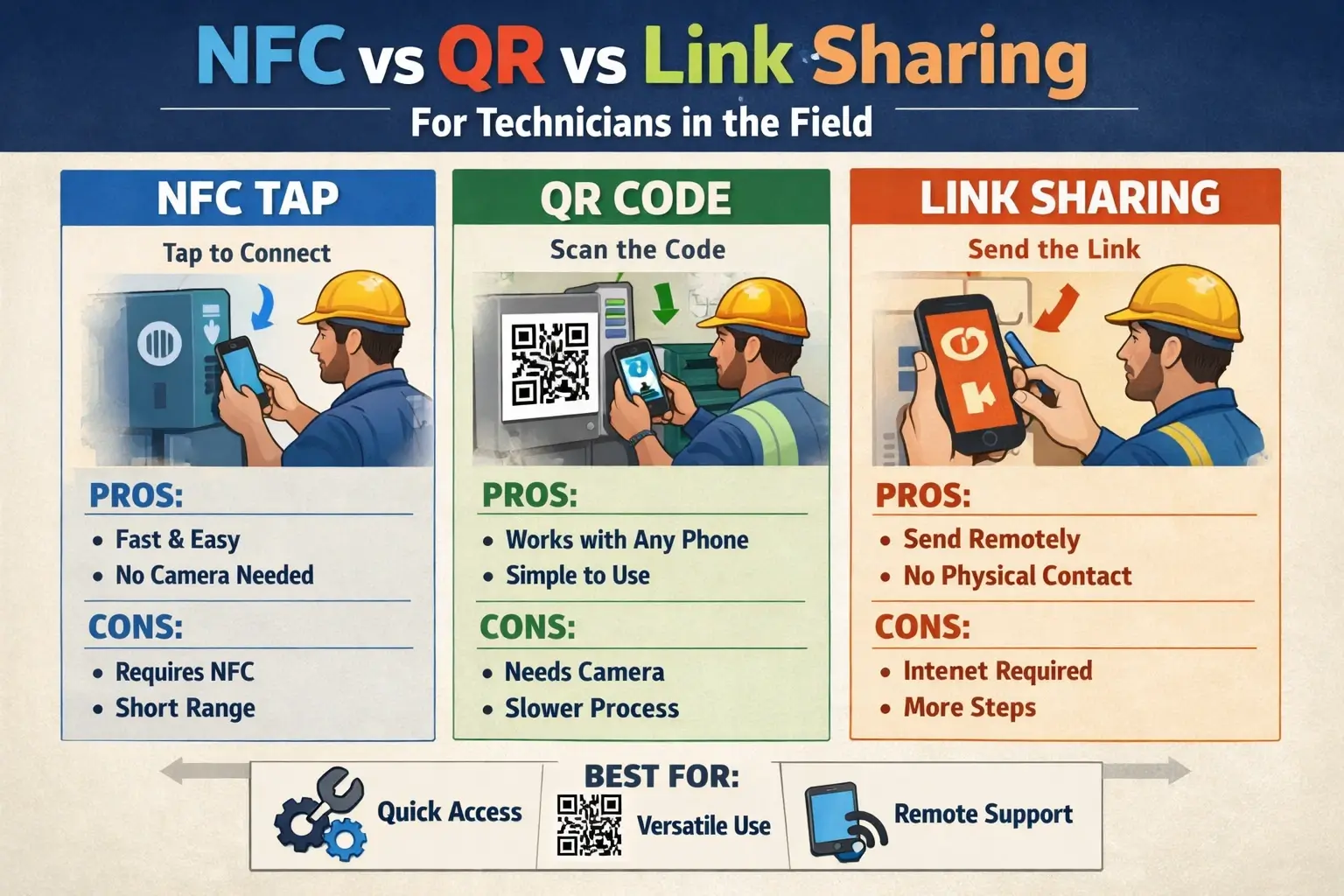 Diagram showing NFC vs QR vs link sharing for technicians
