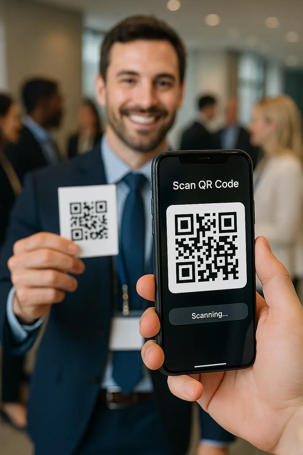 scanning a digital business card at a networking event