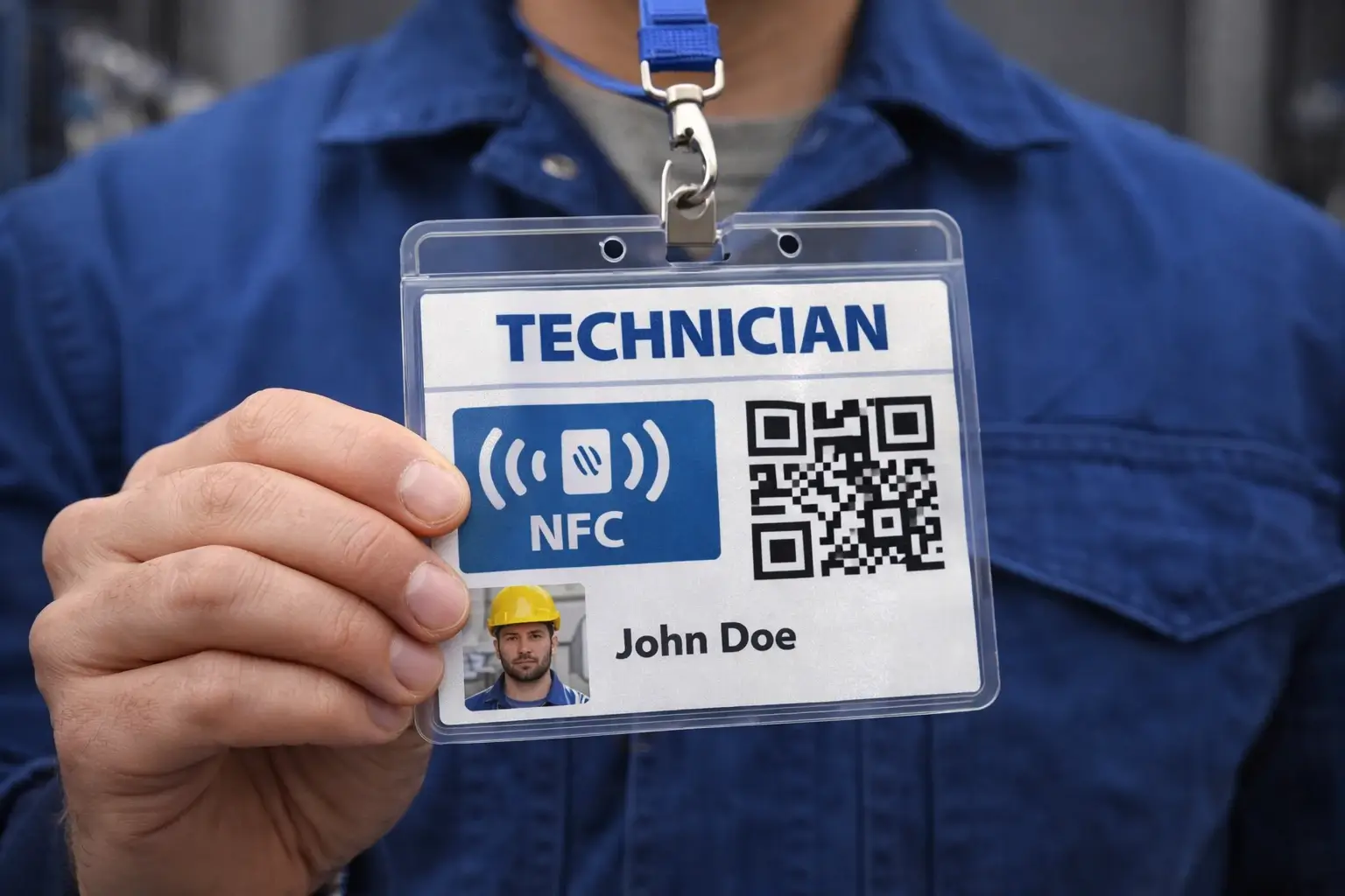 Photo mockup of a technician badge with NFC + printed QR